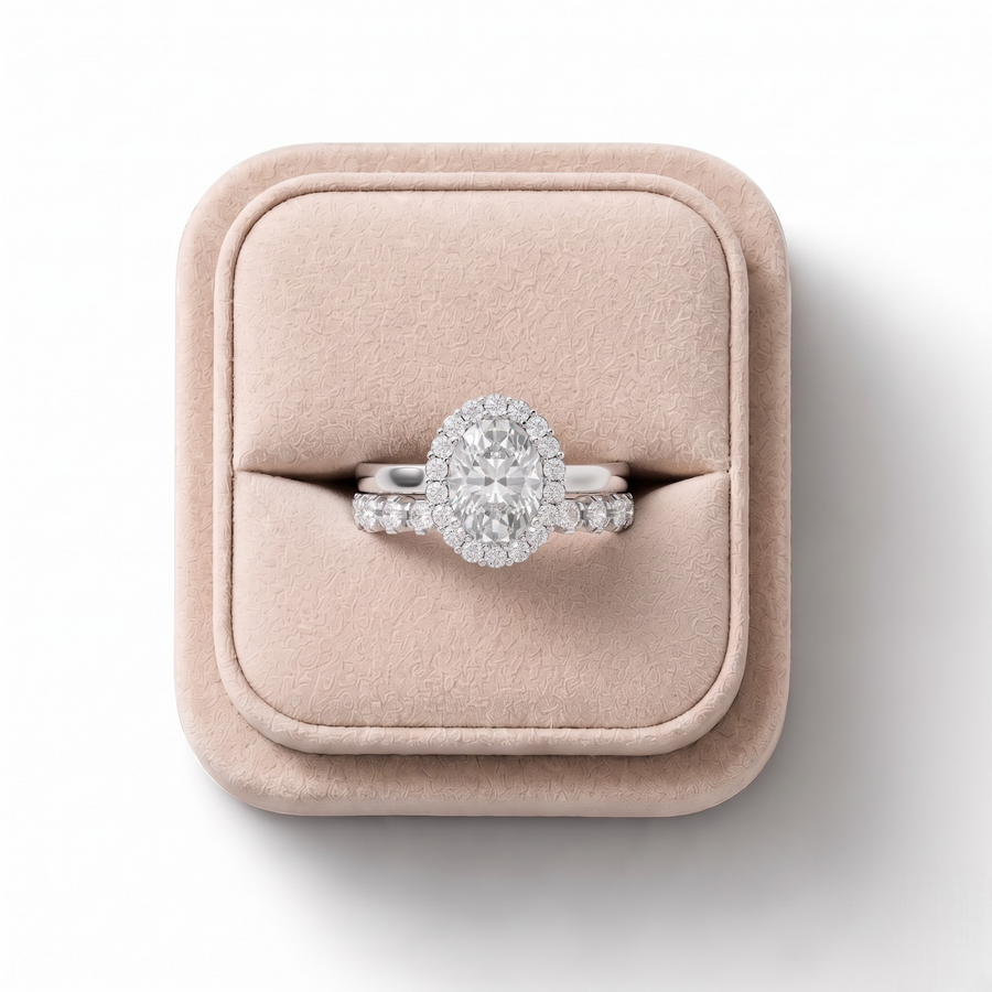 1.70 CT Oval Halo Lab Grown Diamond Bridal Ring Set, on a white background