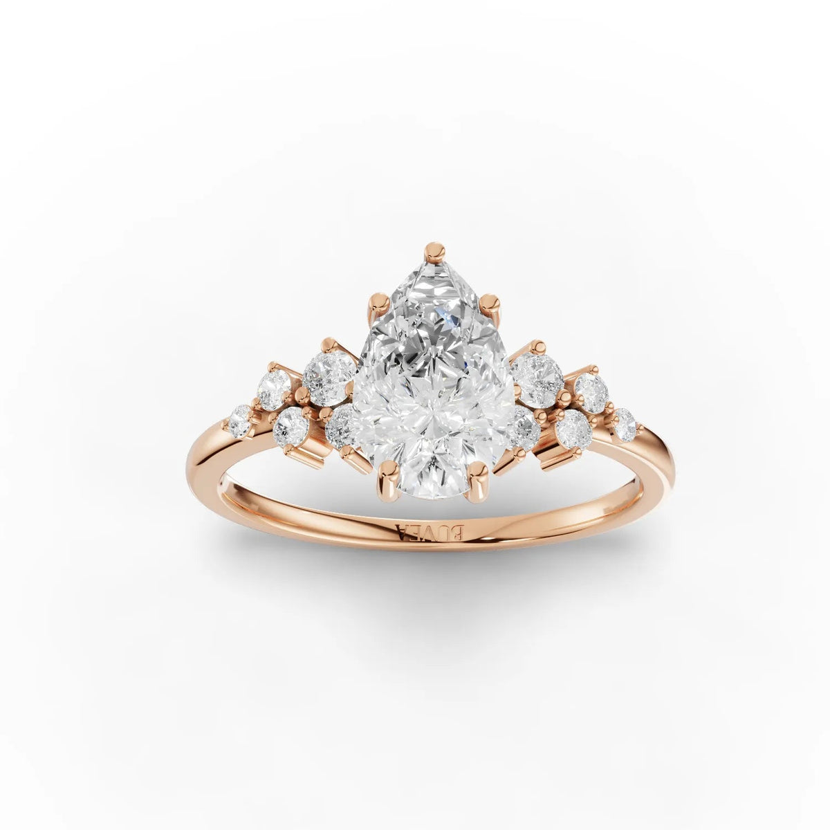 1.70 CT pear-shaped lab-grown diamond ring with round accent diamonds, set in a rose gold band. Elegant and refined design.
