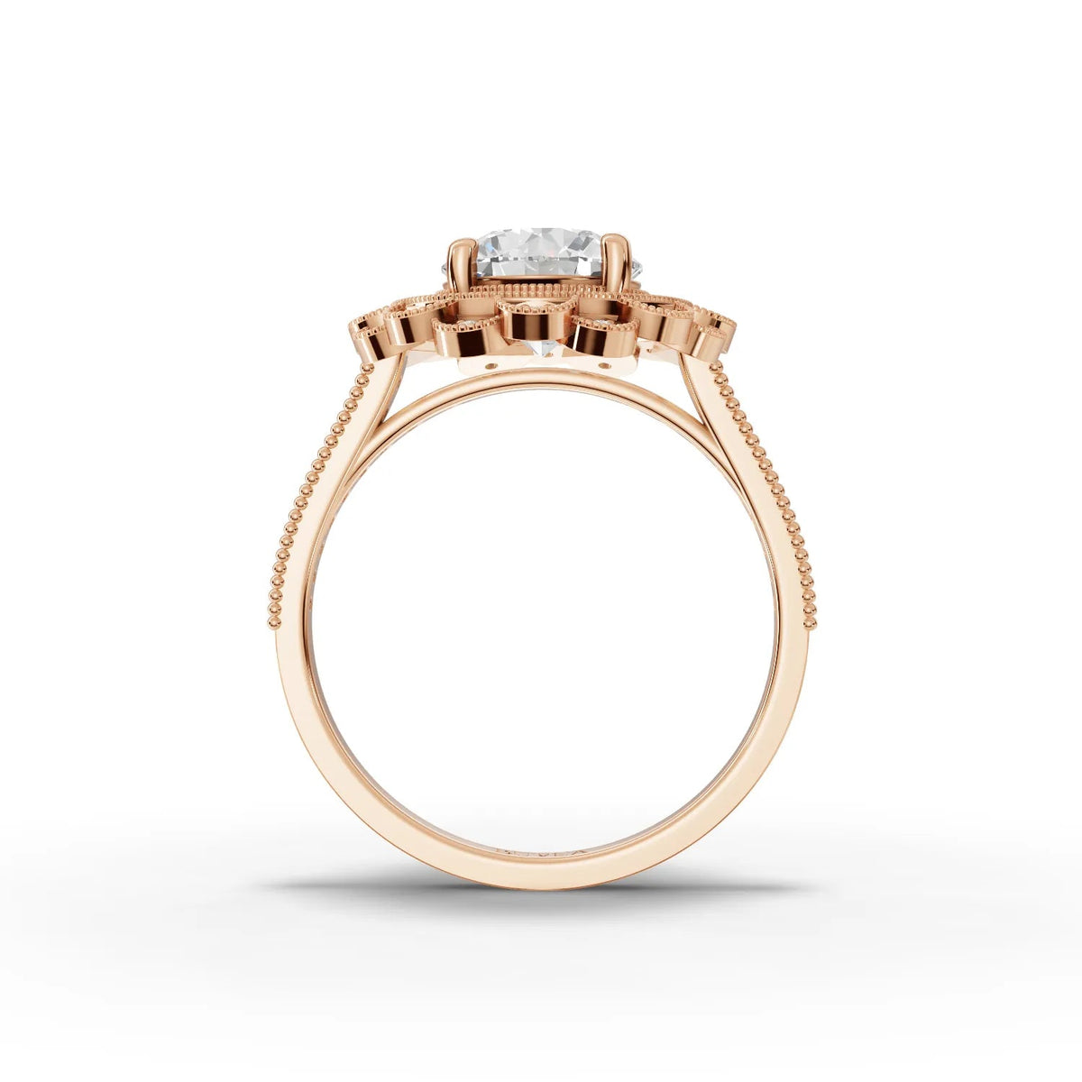 1.72 Ct round double halo lab diamond ring with a pavé-set rose gold band and intricate scalloped halo design.