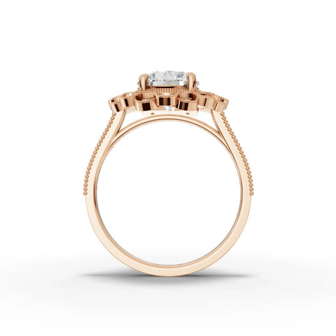 1.72 Ct round double halo lab diamond ring with a pavé-set rose gold band and intricate scalloped halo design.