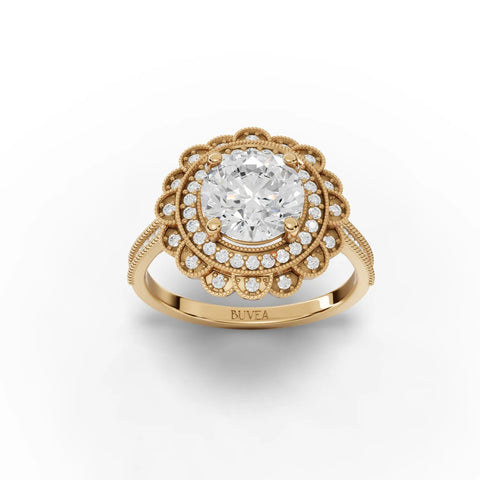 1.72 CT Double Halo Round Lab Grown Diamond Ring in yellow gold