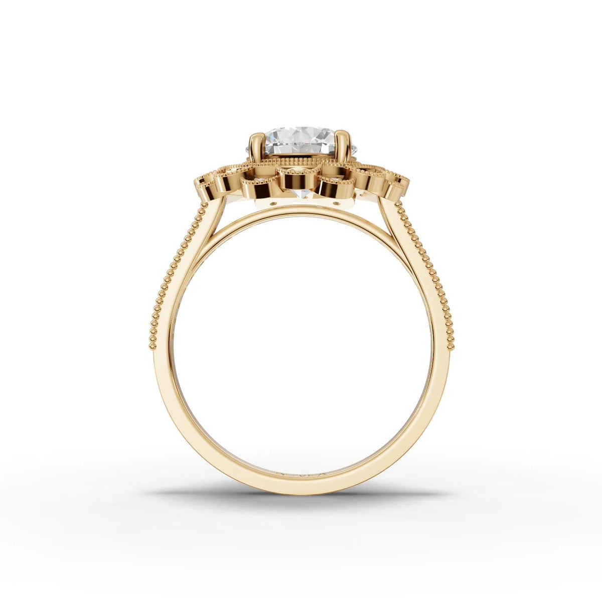 1.72 Ct round lab diamond ring featuring a double halo, pavé-set gold band, and intricate scalloped design.
