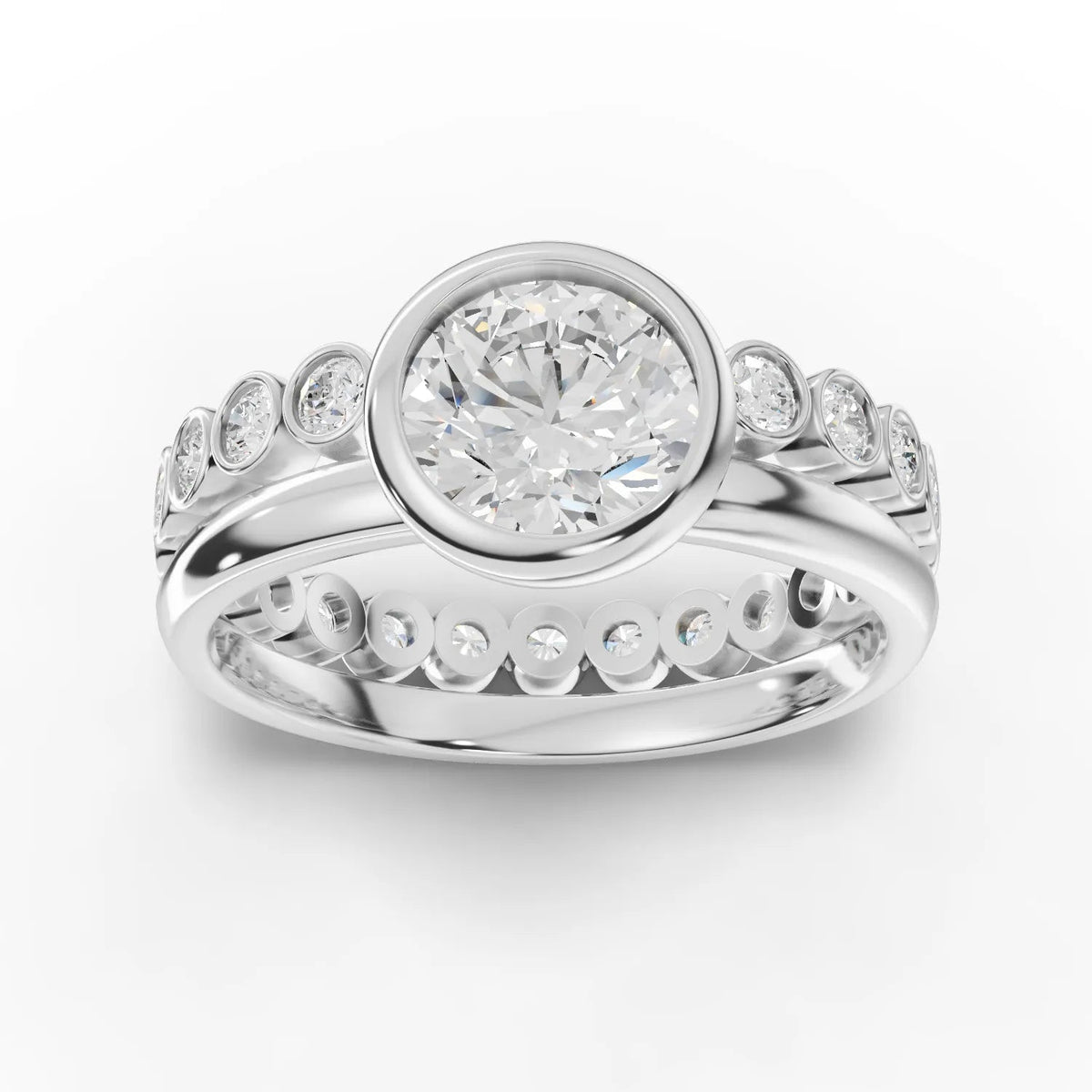 1.72 CT Round Bezel Lab Grown Diamond Bridal Set in white gold