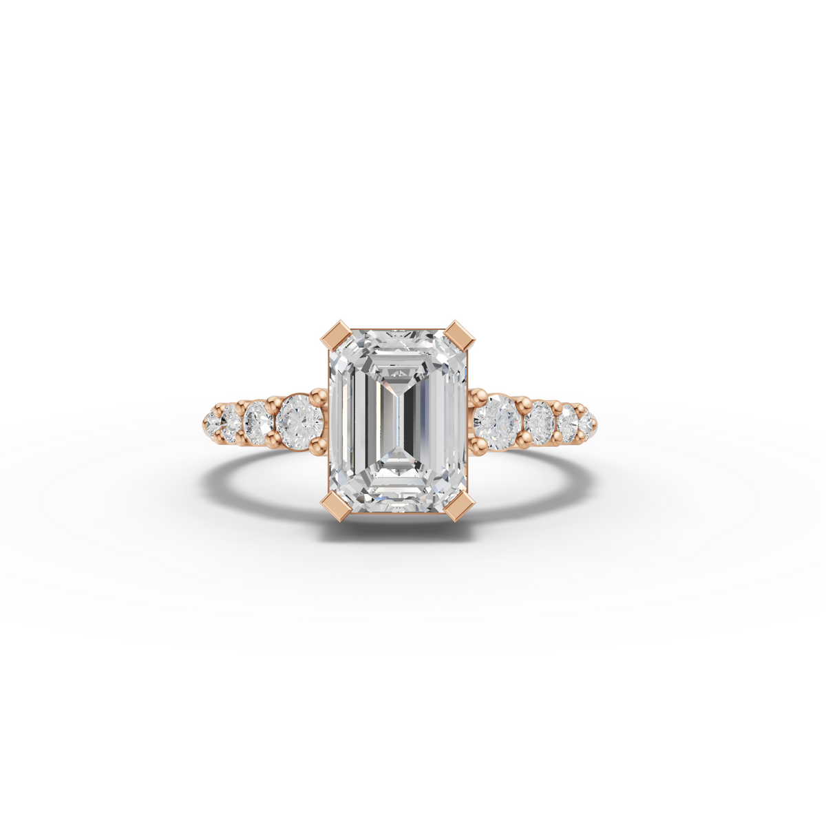 1.74 CT Emerald Cut Lab Grown Diamond Graduated Pavé Ring in rose gold