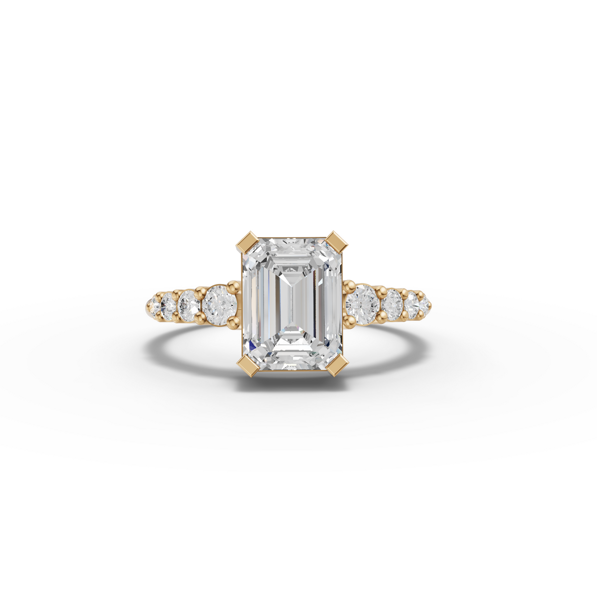 1.74 CT Emerald Cut Lab Grown Diamond Graduated Pavé Ring in yellow gold