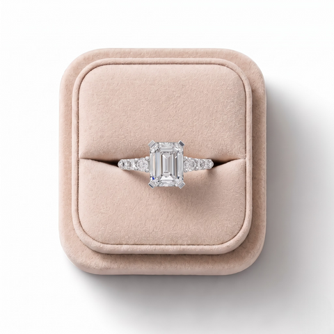1.74 CT Emerald Cut Lab Grown Diamond Graduated Pavé Ring, on a white background