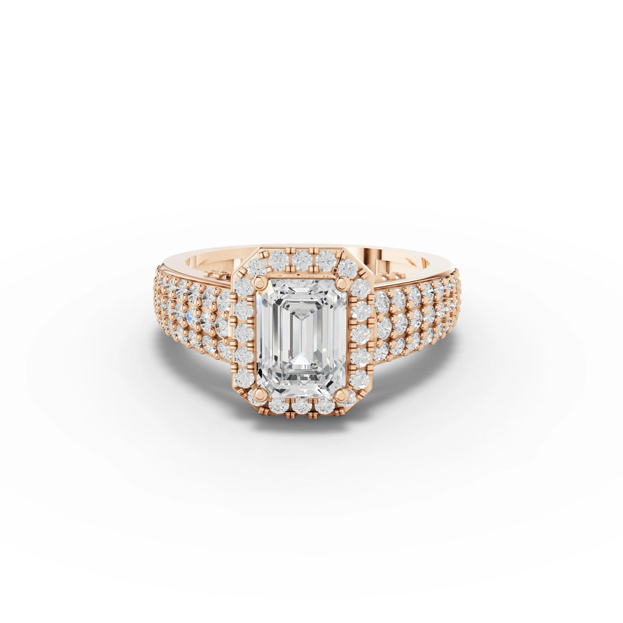 1.74 CT Emerald Halo Pavé Lab Grown Diamond Band Ring in rose gold