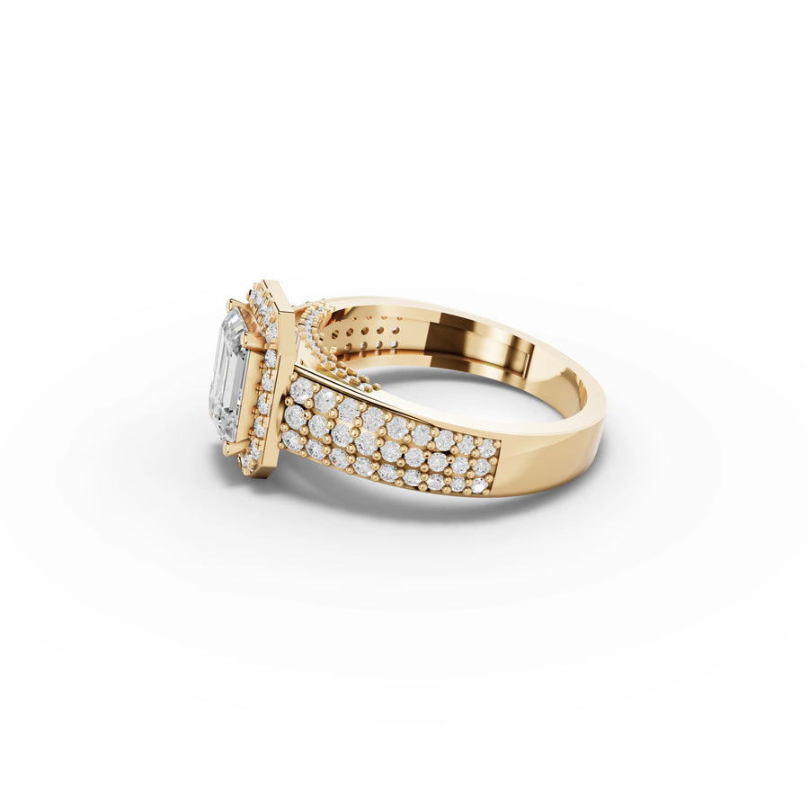 1.74 CT Emerald Halo Pavé Lab Grown Diamond Band Ring in yellow gold, view 2