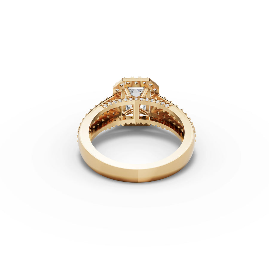 1.74 CT Emerald Halo Pavé Lab Grown Diamond Band Ring in yellow gold, view 3