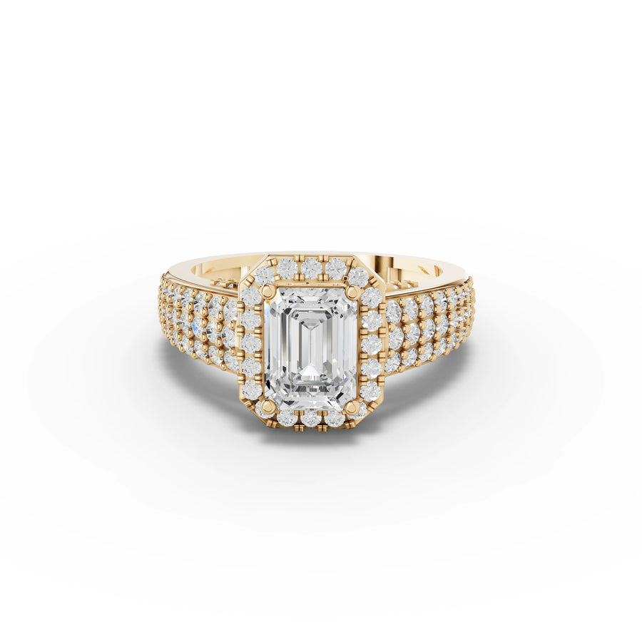 1.74 CT Emerald Halo Pavé Lab Grown Diamond Band Ring in yellow gold