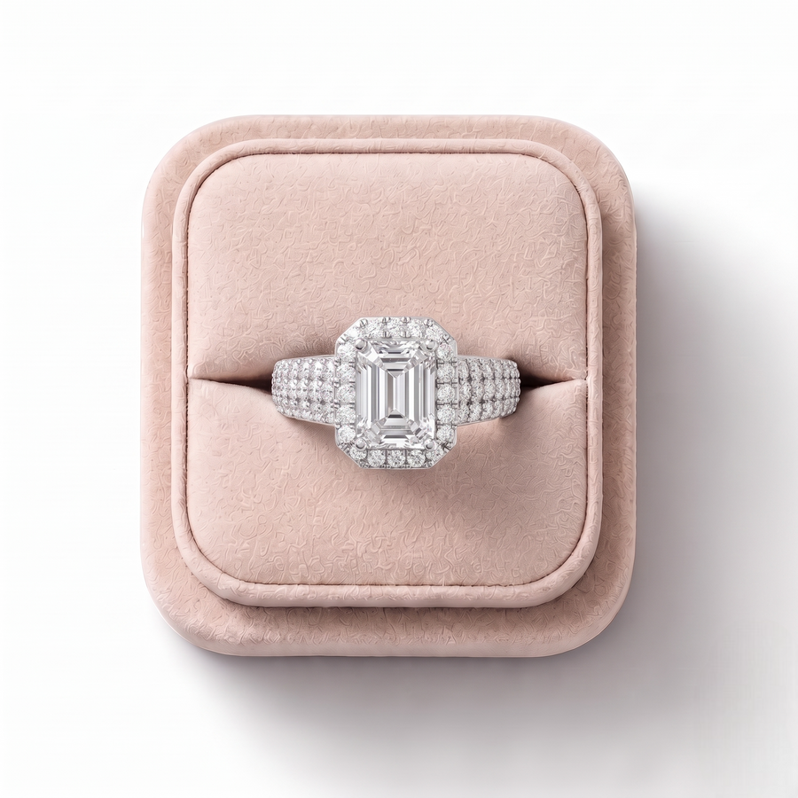 1.74 CT Emerald Halo Pavé Lab Grown Diamond Band Ring, on a white background