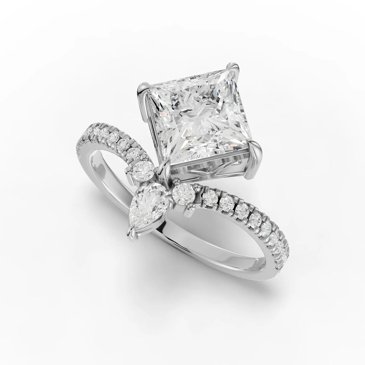 1.74 CT Princess Solitaire Pavé Lab Grown Diamond Ring in white gold, close-up