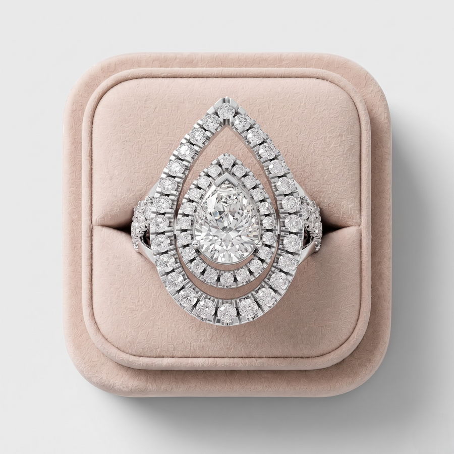 1.76 CT Pear Double Halo Accent Lab Grown Diamond Ring, on a white background