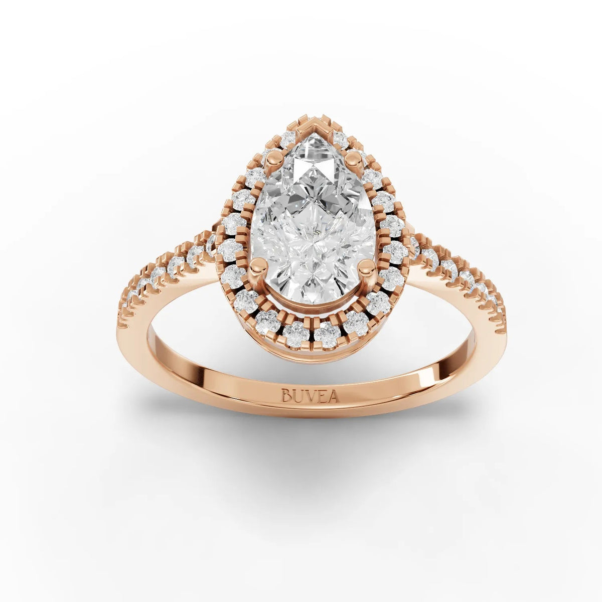 1.76 CT pear halo lab-grown diamond ring in rose gold, featuring a central pear-shaped diamond surrounded by a halo of smaller diamonds.