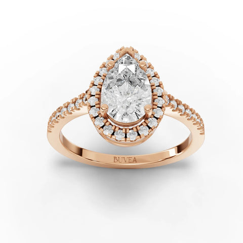 1.76 CT pear halo lab-grown diamond ring in rose gold, featuring a central pear-shaped diamond surrounded by a halo of smaller diamonds.