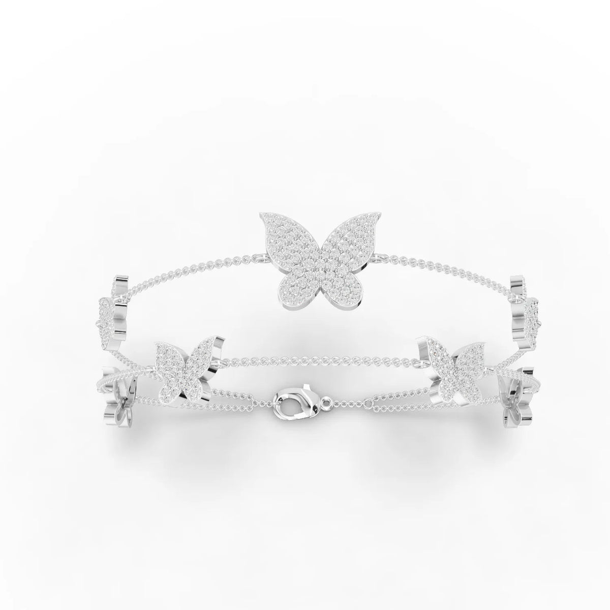 Butterfly motif bracelet featuring round lab-grown diamonds in a scroll pattern, crafted in 18K gold.