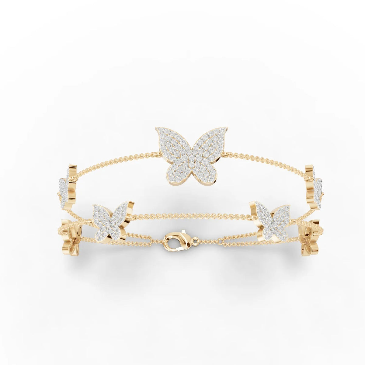 Butterfly motif bracelet in 18K gold with round lab-grown diamonds, featuring a larger central butterfly for focus.