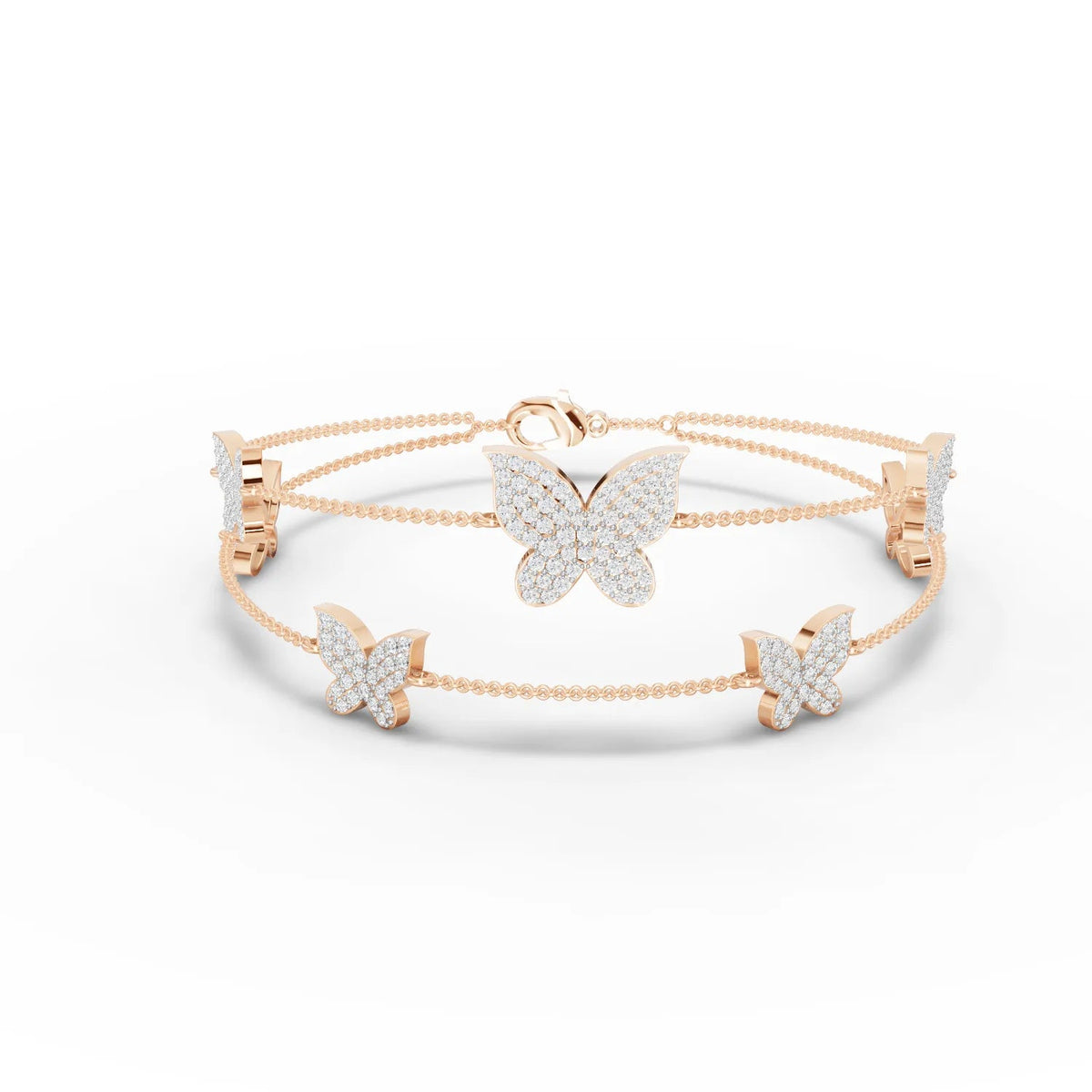 1.76 Ct butterfly motif lab-grown diamond bracelet in 18K gold, featuring round diamonds and a larger central butterfly.