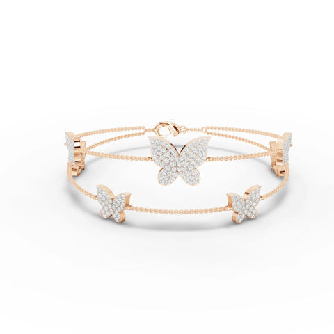 1.76 Ct butterfly motif lab-grown diamond bracelet in 18K gold, featuring round diamonds and a larger central butterfly.