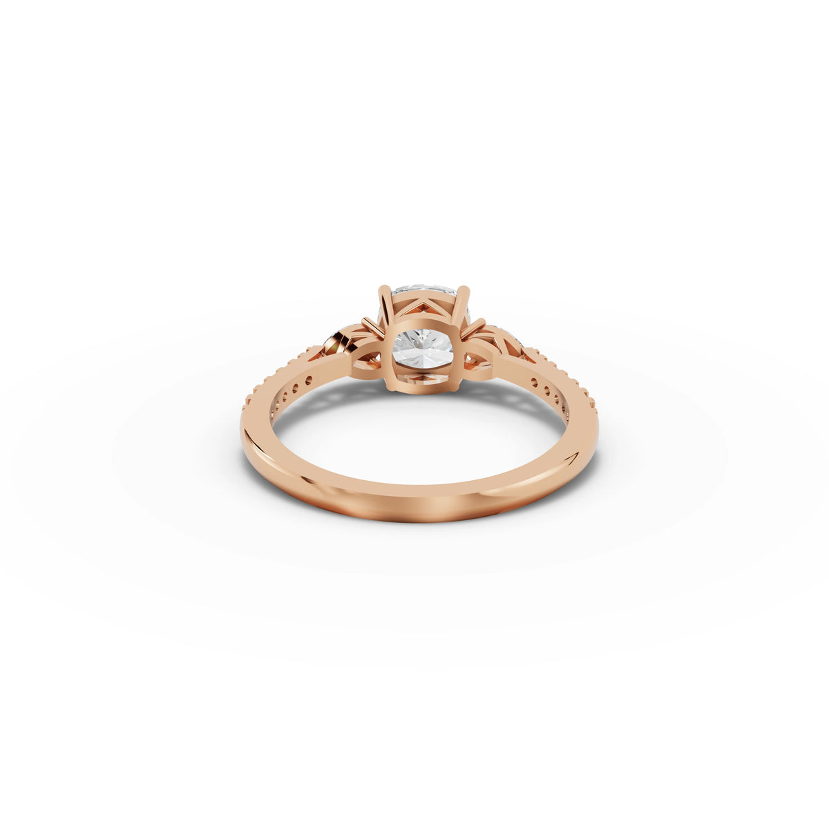 1.79 CT Cushion Three Stone With Accent Lab Grown Diamond Band Ring in rose gold, view 3