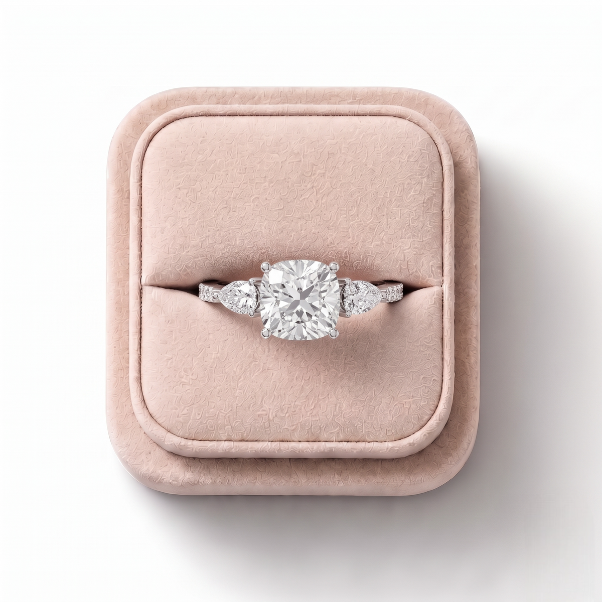 1.79 CT Cushion Three Stone With Accent Lab Grown Diamond Band Ring, on a white background