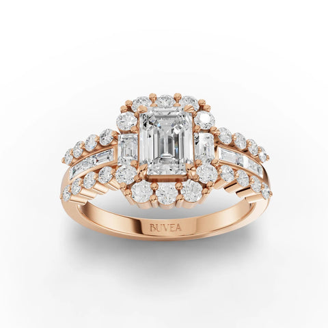 1.81 CT emerald cut halo lab-grown diamond ring with round and baguette side stones, set in rose gold.