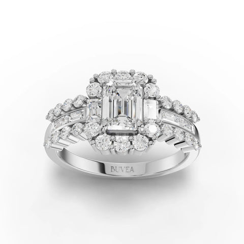 Elegant emerald cut halo lab-grown diamond ring featuring a central stone with round and baguette diamond accents.