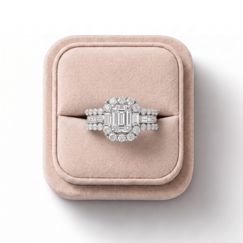 1.81 CT Emerald Halo With Accent Lab Grown Diamond Ring, on a white background