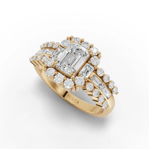 1.81 CT emerald cut halo lab-grown diamond ring with round and baguette side stones in a polished gold setting.