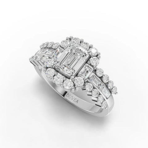 Emerald cut halo lab-grown diamond ring featuring a 1.81 CT center stone, surrounded by round and baguette diamonds on a pavé band.