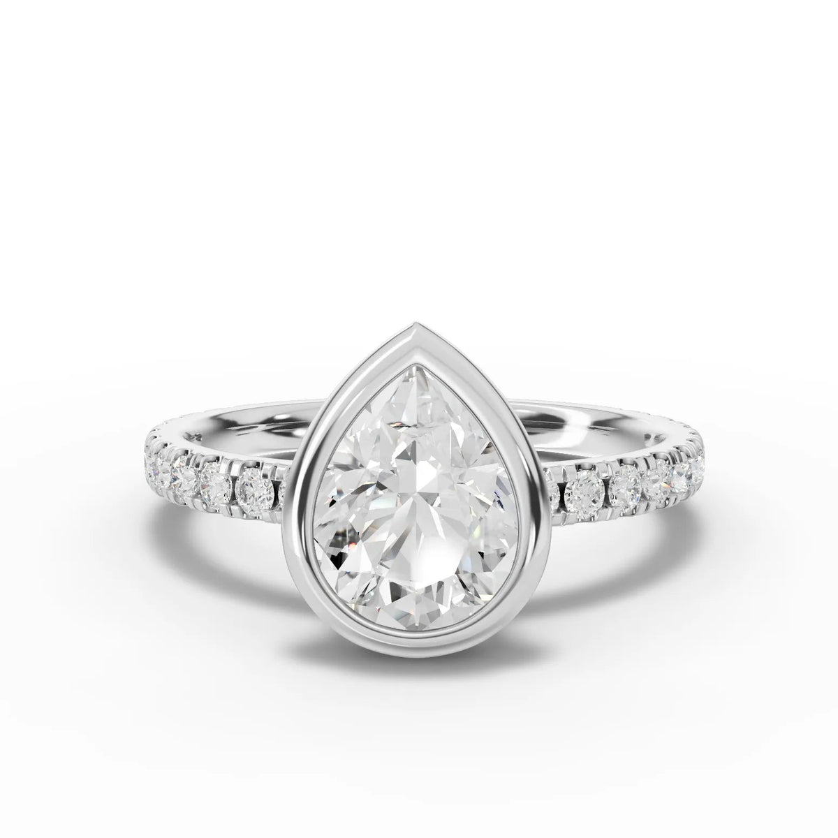 Pear bezel diamond band ring white gold angle