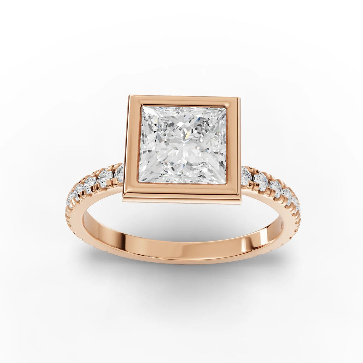 1.84 CT Princess Bezel Solitaire Accent Lab Grown Diamond Ring in rose gold, top view