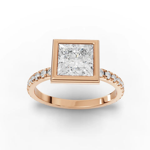 1.84 CT Princess Bezel Solitaire Accent Lab Grown Diamond Ring in rose gold, top view