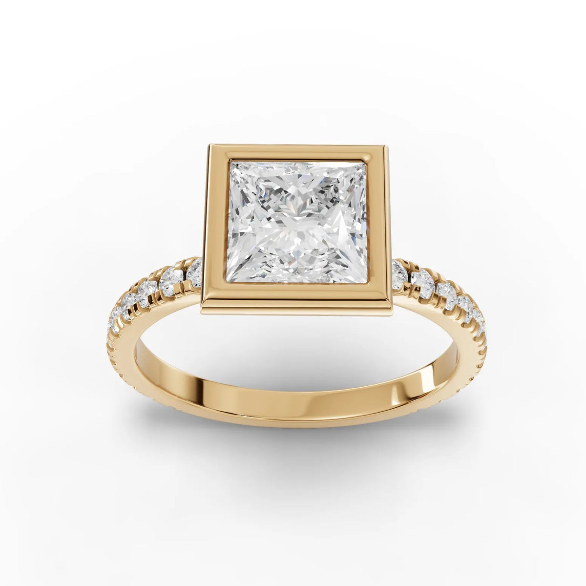1.84 CT Princess Bezel Solitaire Accent Lab Grown Diamond Ring in yellow gold, top view