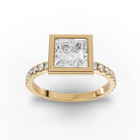 1.84 CT Princess Bezel Solitaire Accent Lab Grown Diamond Ring in yellow gold, top view