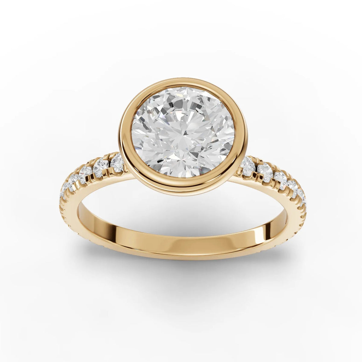 1.84 CT Round Solitaire Bezel Pavé Lab Grown Diamond Ring in yellow gold, top view