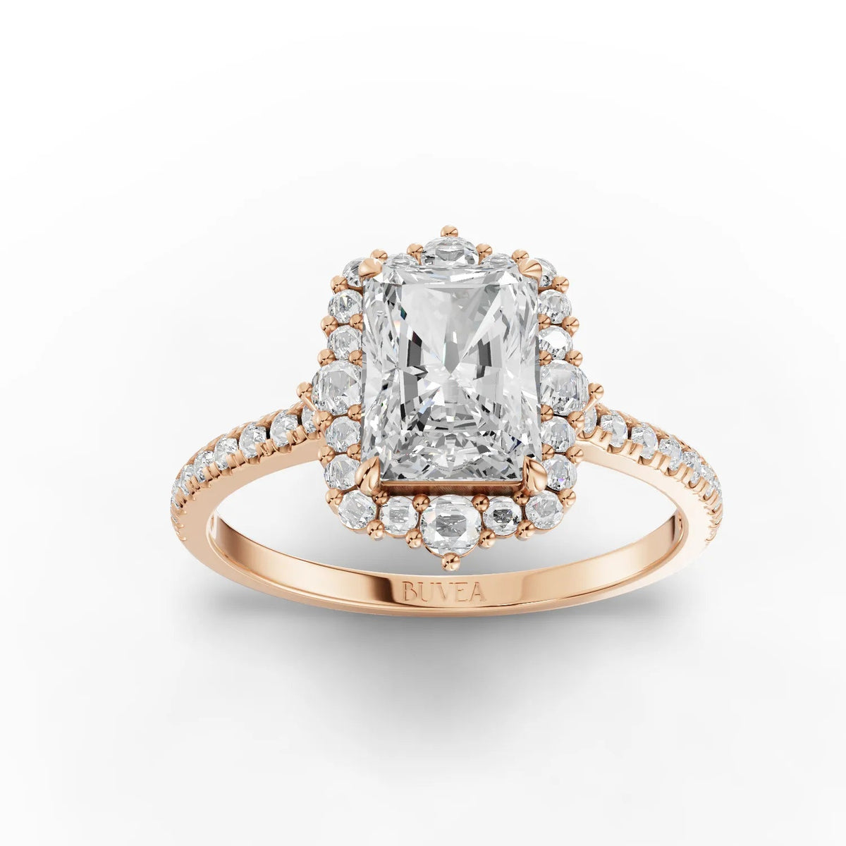 1.85 ct radiant halo lab diamond ring featuring a rectangular-cut center stone, surrounded by a pavé setting in rose gold.