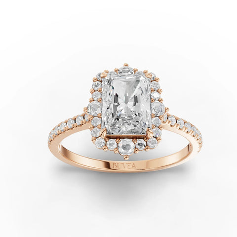 1.85 ct radiant halo lab diamond ring featuring a rectangular-cut center stone, surrounded by a pavé setting in rose gold.