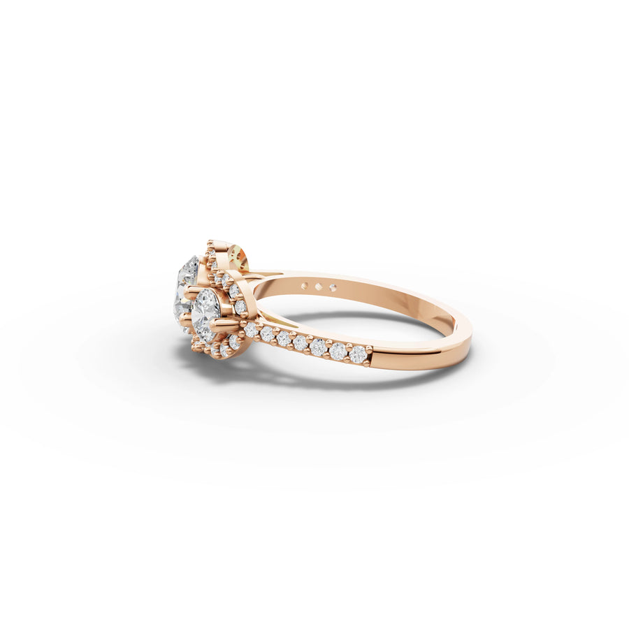 1.92 CT Three Stone Halo Pavé Lab Grown Diamond Band Ring in rose gold, view 2