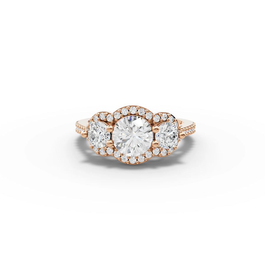 1.92 CT Three Stone Halo Pavé Lab Grown Diamond Band Ring in rose gold