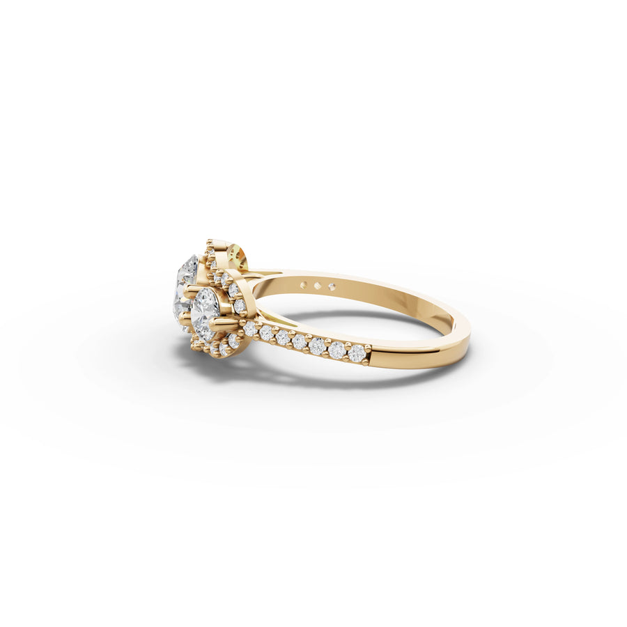 1.92 CT Three Stone Halo Pavé Lab Grown Diamond Band Ring in yellow gold, view 2