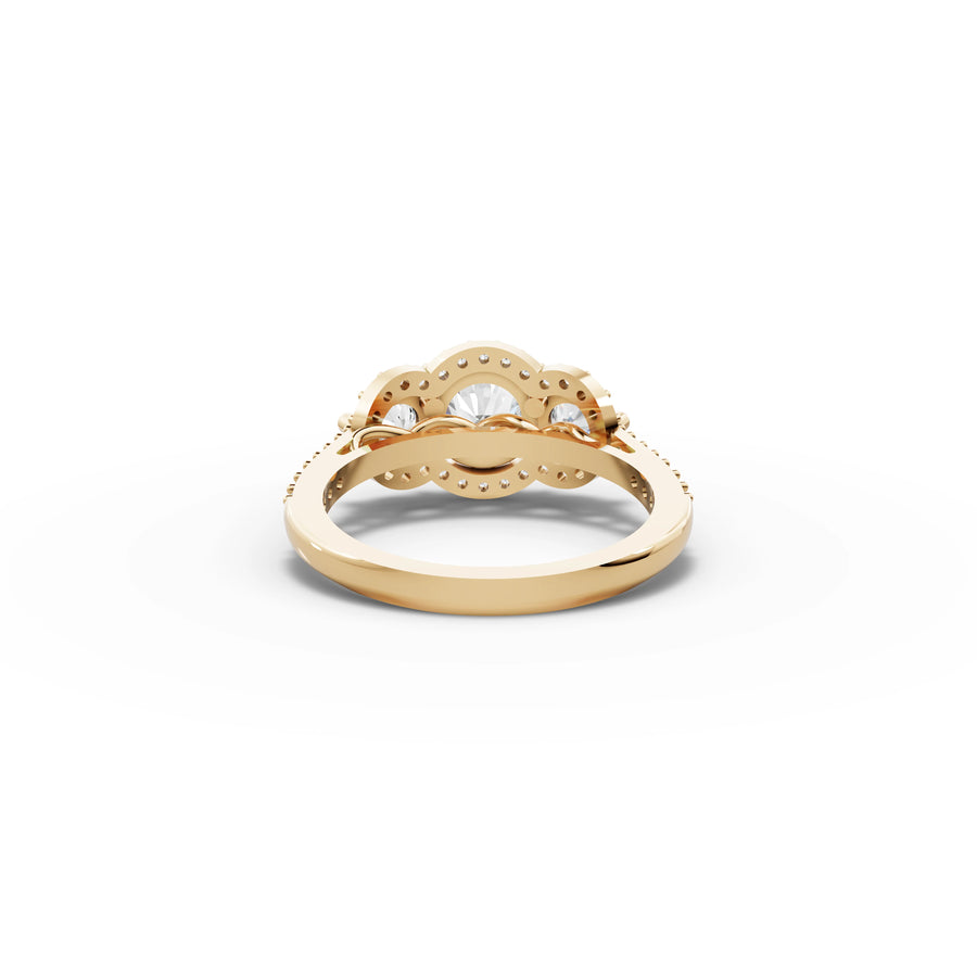 1.92 CT Three Stone Halo Pavé Lab Grown Diamond Band Ring in yellow gold, view 3