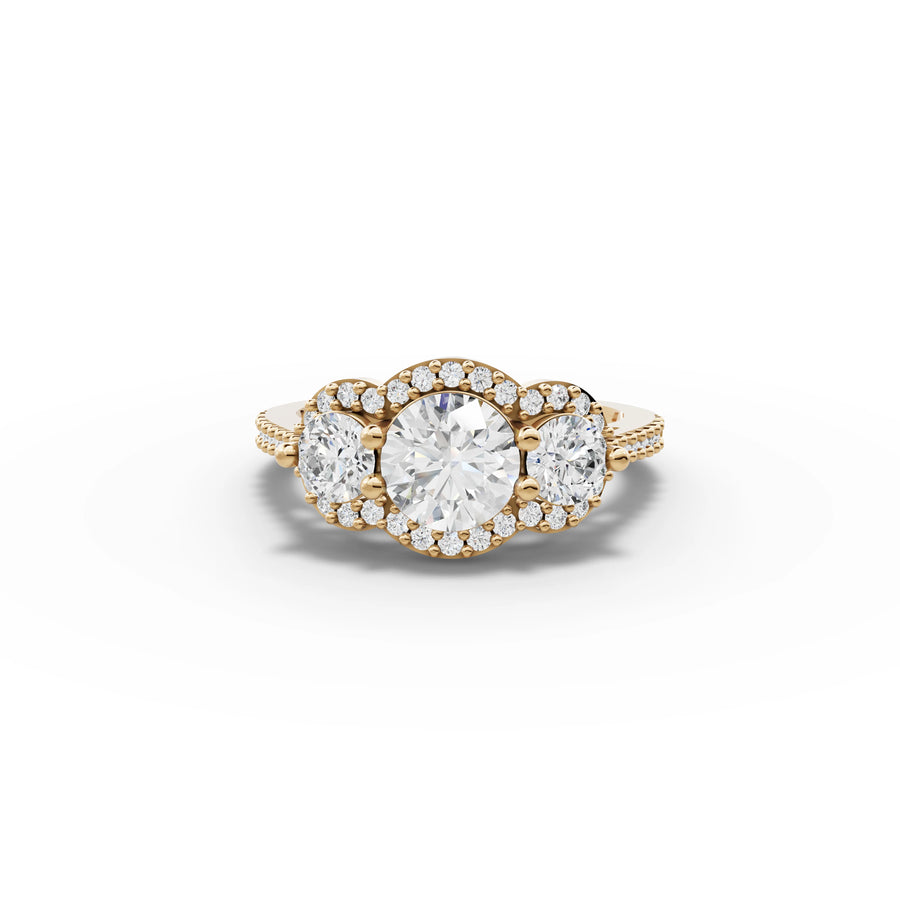 1.92 CT Three Stone Halo Pavé Lab Grown Diamond Band Ring in yellow gold