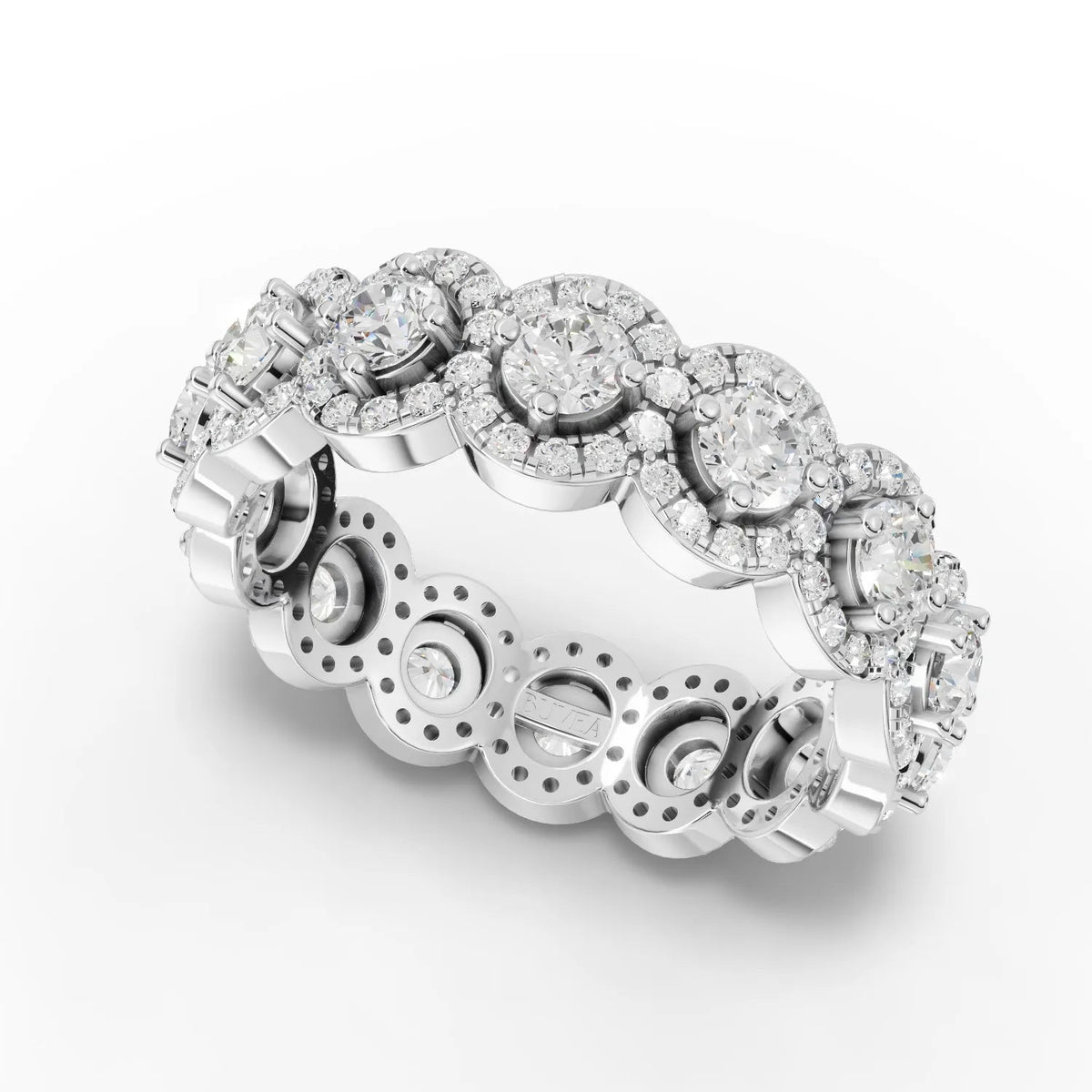 Elegant 1.98 CT round halo band lab diamond ring in 18K white gold, featuring a split band, pavé diamonds, and an airy design.
