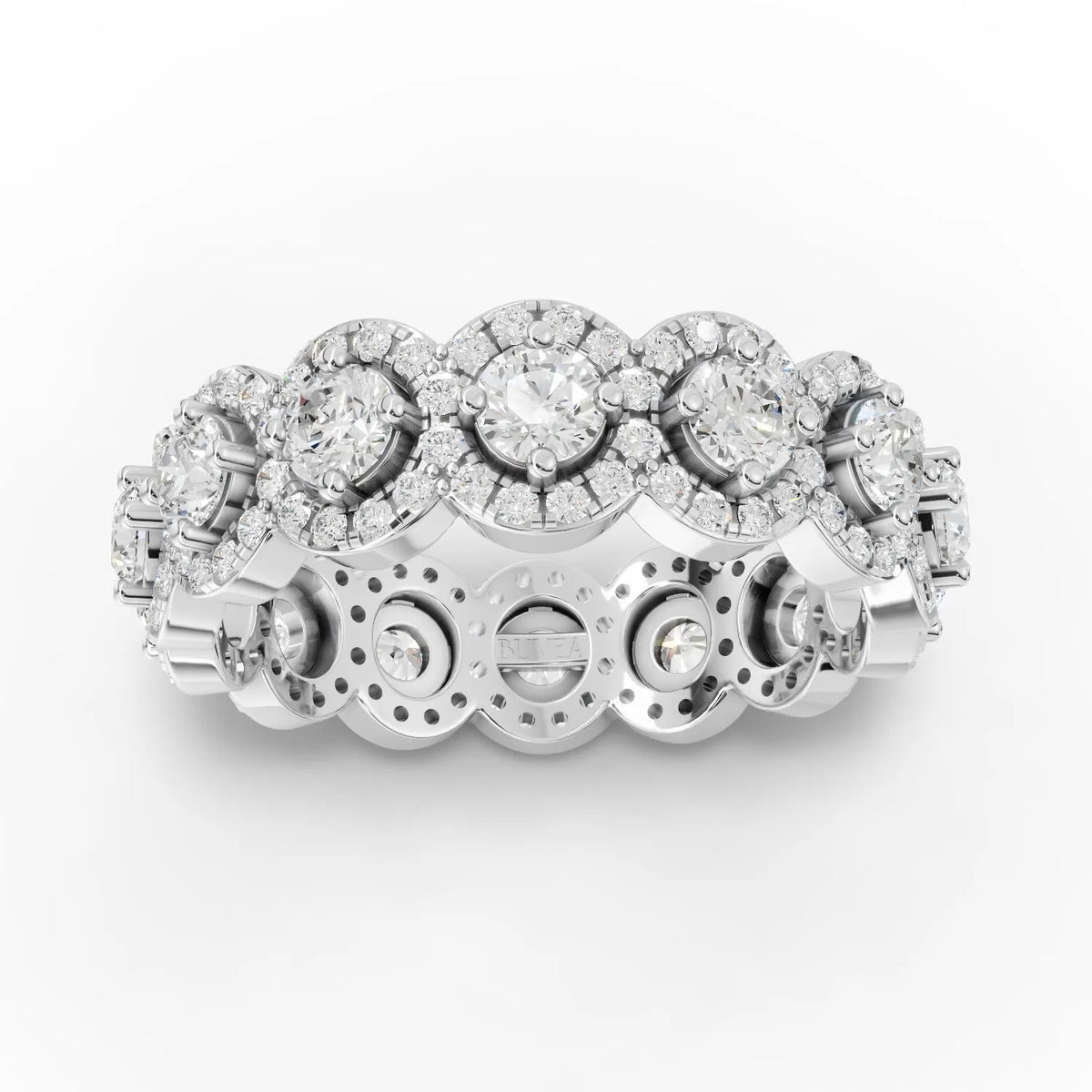 1.98 CT round halo band lab diamond ring featuring a split band, square halo, and pavé-set round diamonds in 18K gold.