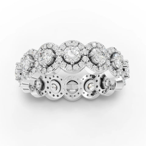 1.98 CT round halo band lab diamond ring featuring a split band, square halo, and pavé-set round diamonds in 18K gold.