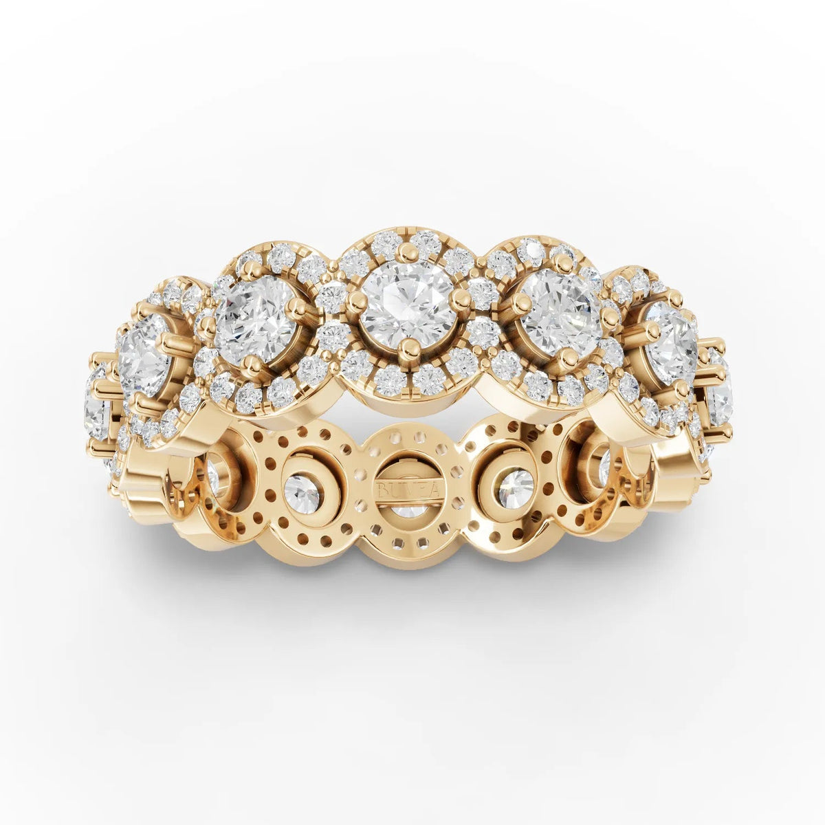 1.98 CT round halo band lab diamond ring featuring a split 18K gold band with pavé and halo settings of round diamonds.