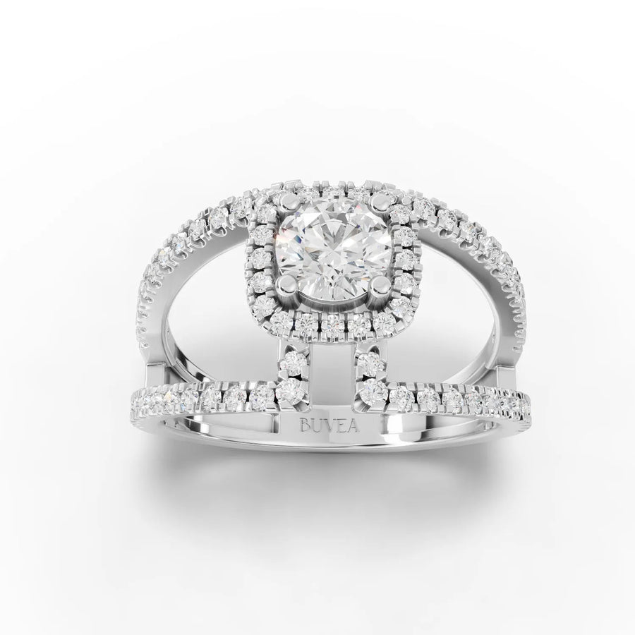 1.02 CT round lab diamond ring with square halo, split pavé band, and 18K gold setting