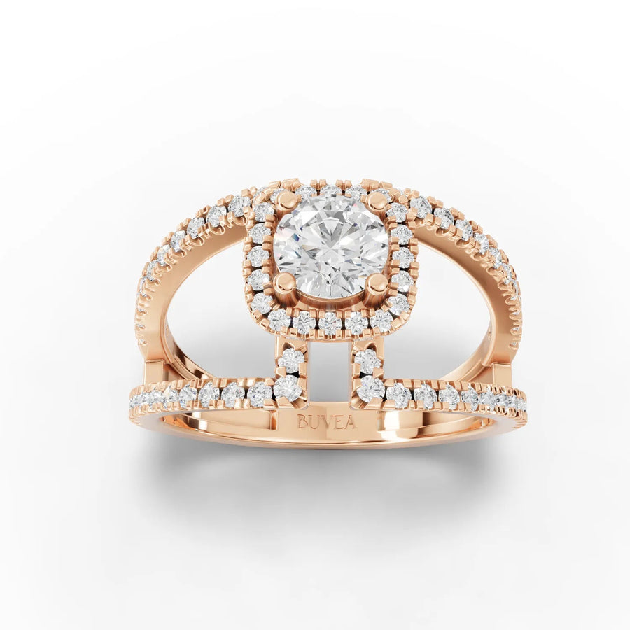 Square-halo split-band diamond ring rose gold top view