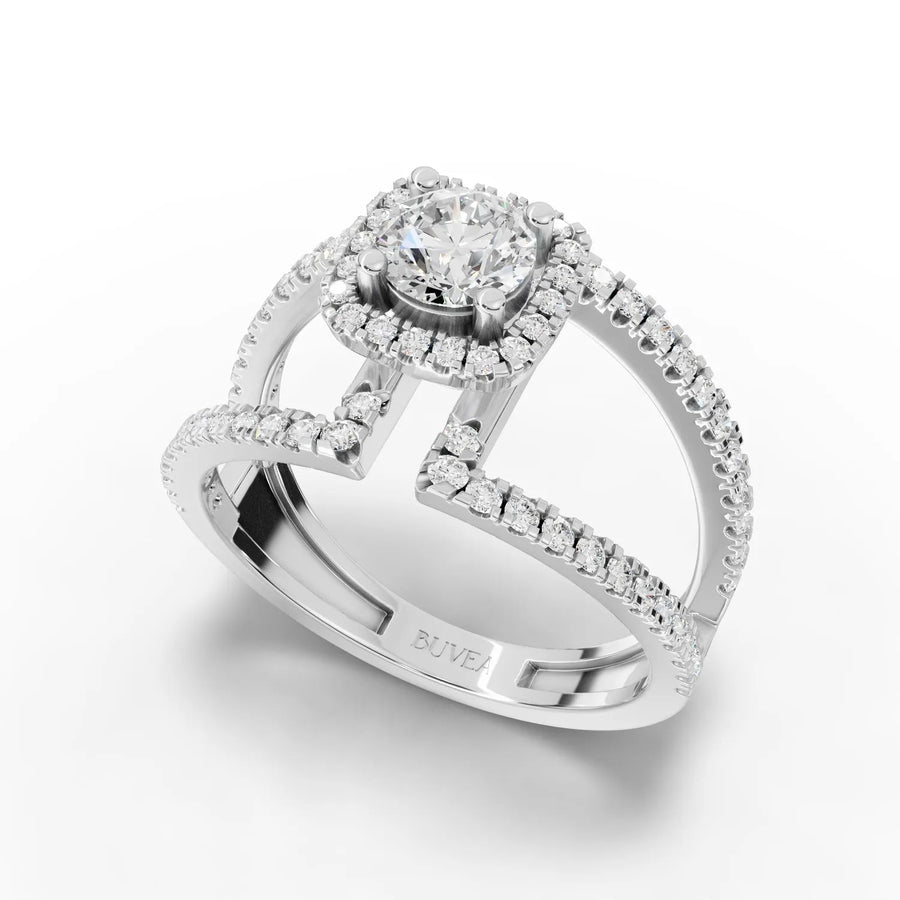 White gold halo ring angled profile